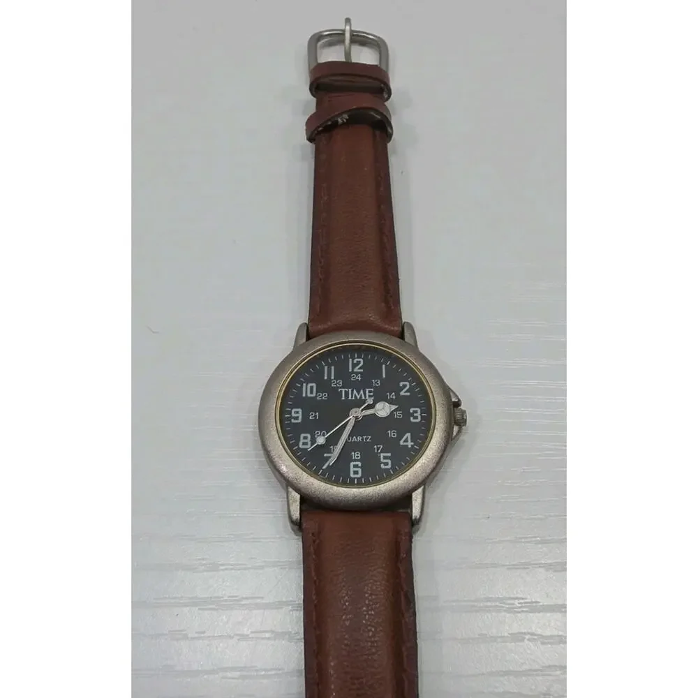 Time Military Dial Silver Tone Quartz Brown Leather Band Watch New Battery W279